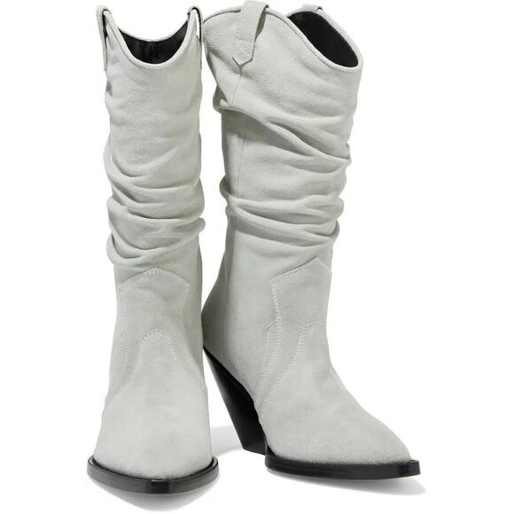 IRO Paris Marliag Mid-Calf Stacked Heel Gathered Suede Boots Light Gray 40/9.5 - Picture 1 of 13